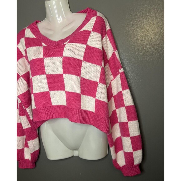 Better Be Sweater Womens Medium Pink White Checkered Cropped Balloon Sleeve - Picture 3 of 9